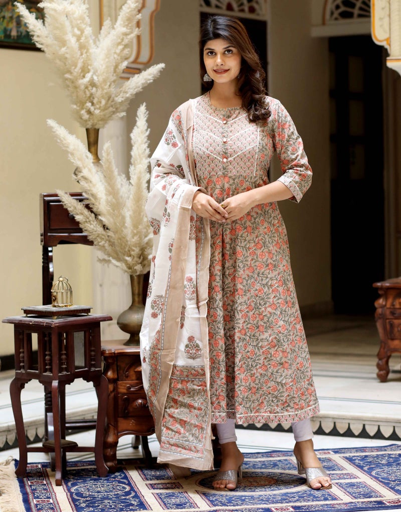 Miravan Brown Floral Cotton Anarkali Kurta with Dupatta for Women - Image 2